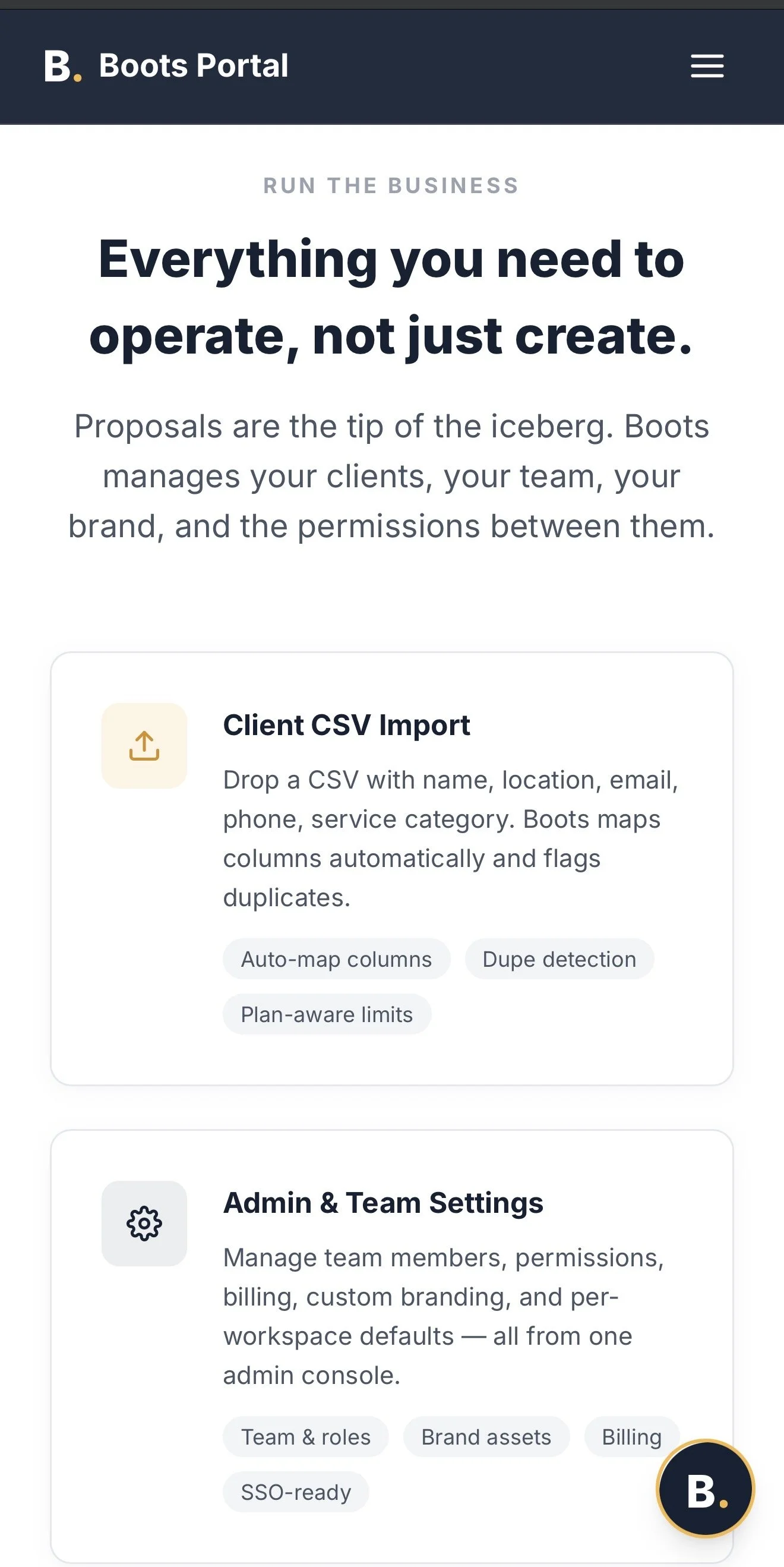 Screenshot of Boots Portal homepage showing features for business management, including client CSV import and admin & team settings.