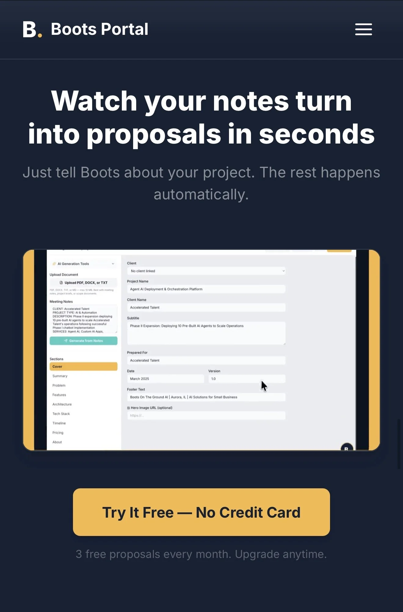 Screenshot of a webpage titled 'Boots Portal' with a subtitle 'Watch your notes turn into proposals in seconds'. The page shows a table form for project details, and a prominent orange button labeled 'Try It Free — No Credit Card' at the bottom.
