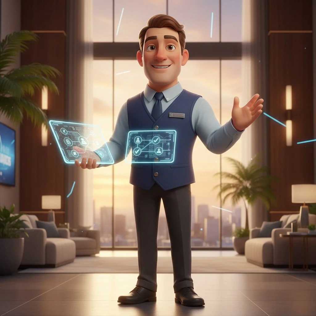 Animated man in business attire standing in a modern office with large windows, holding virtual holographic displays, at sunset.