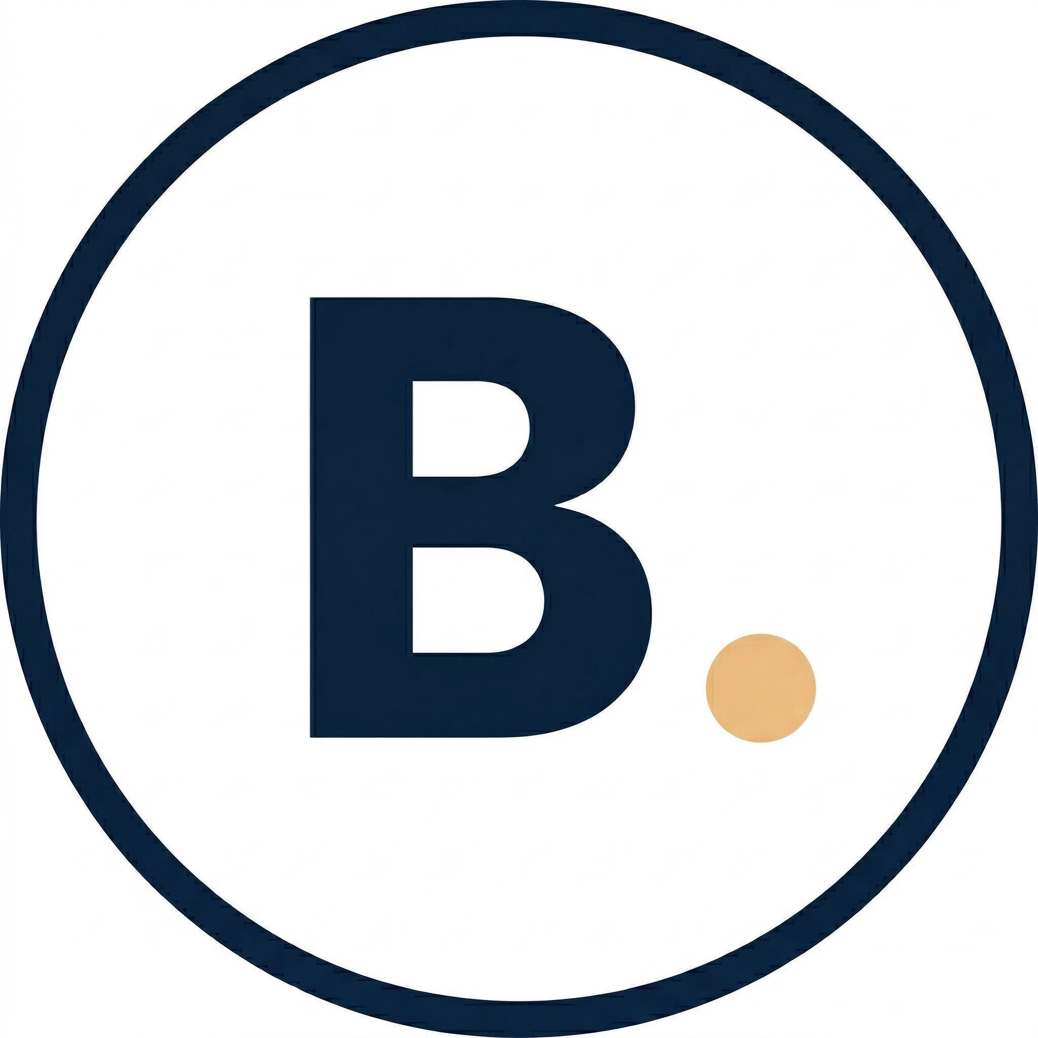 A logo with a large letter 'B' inside a circle. The circle is outlined in dark blue, and there is a small beige dot outside the bottom right of the circle.