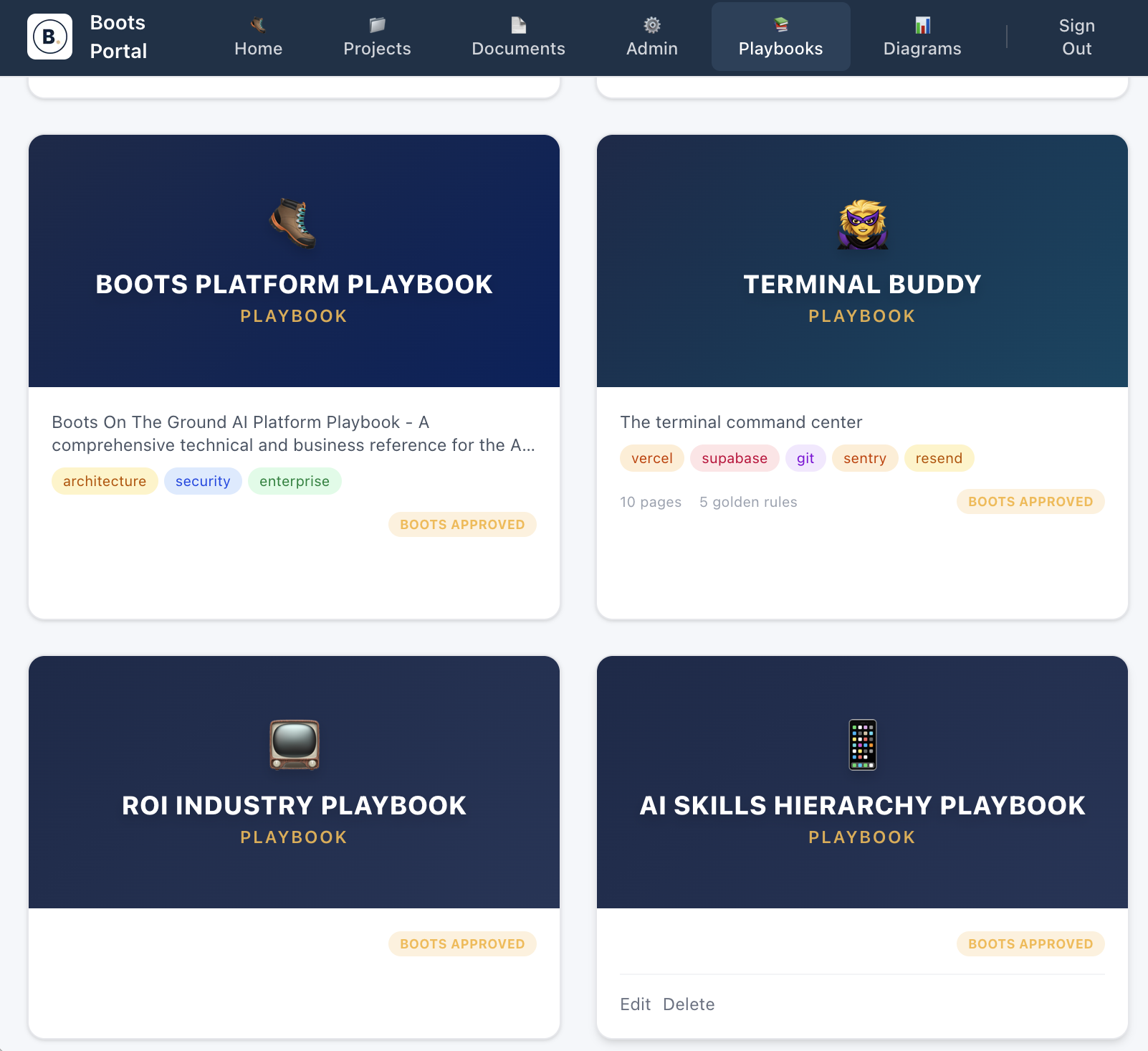 Screenshot of a web dashboard for Boots Portal with navigation menu and four playbooks: Boots Platform Playbook, Terminal Buddy, ROI Industry Playbook, and AI Skills Hierarchy Playbook.