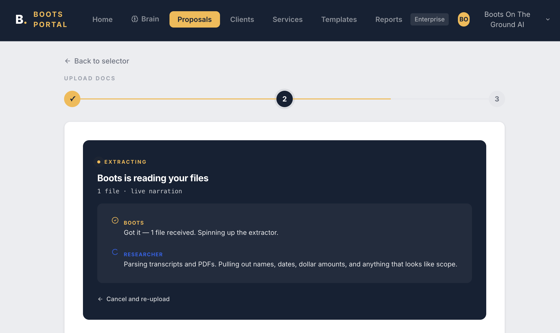 Screenshot of a webpage from Boots Portal showing the process of file uploading and reading, with progress at step 2 of 3, including sections for uploading documents, extracting data, and research tasks.