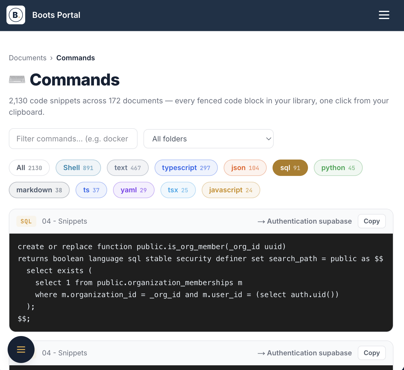 Screenshot of a code snippets library webpage called Boots Portal, displaying a section labeled Commands with various programming language tags, and a highlighted SQL code snippet titled '04 - Snippets'.