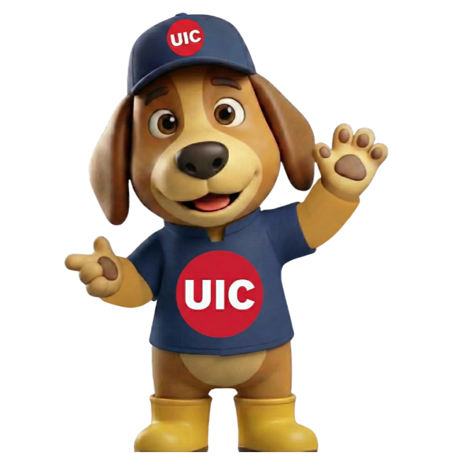 Animated dog wearing a blue UIC shirt and cap, yellow boots, waving and smiling.