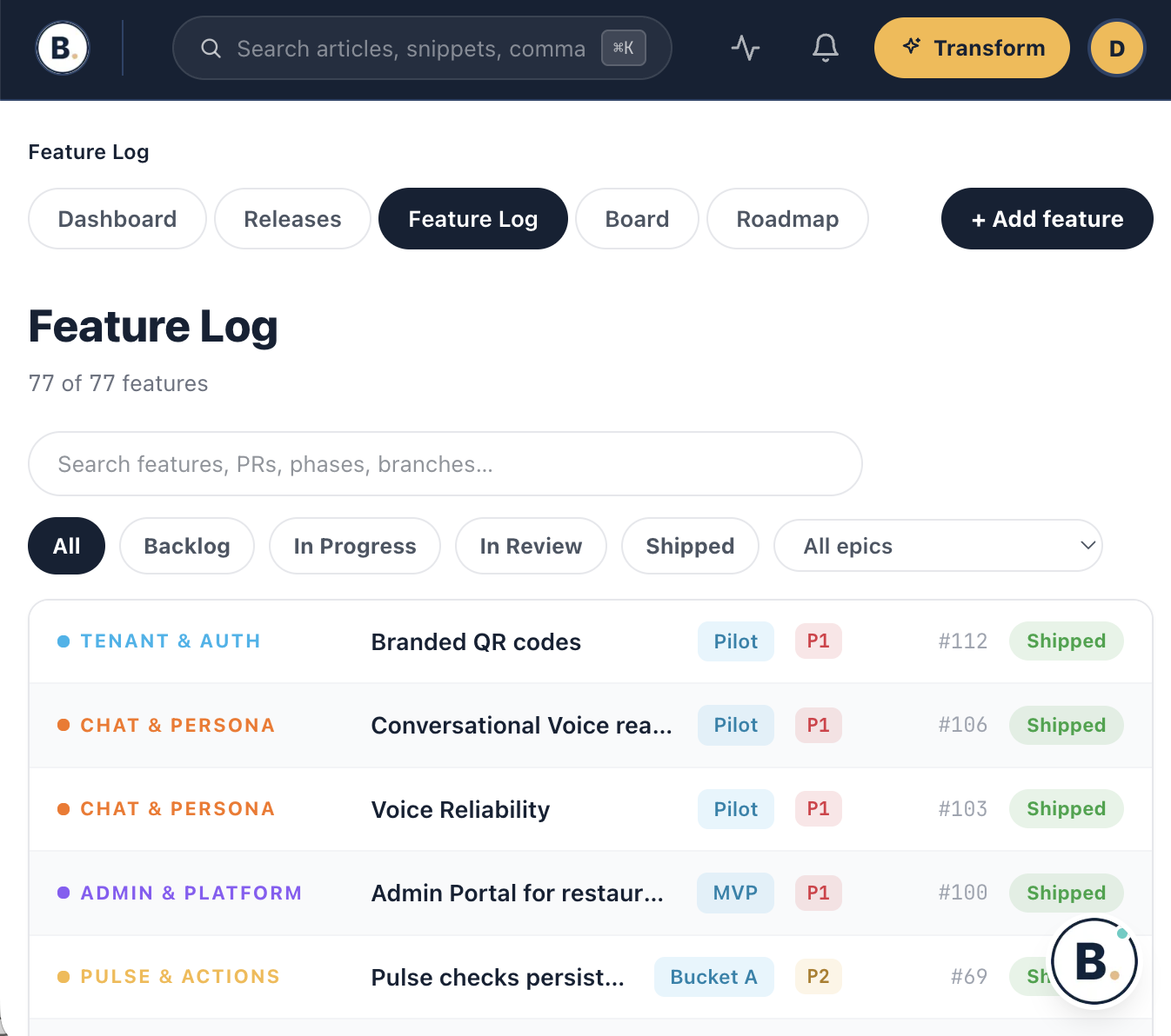 Screenshot of a software feature log page showing a list of features with status tags such as 'Shipped' and 'In Progress', feature categories, and filter options.