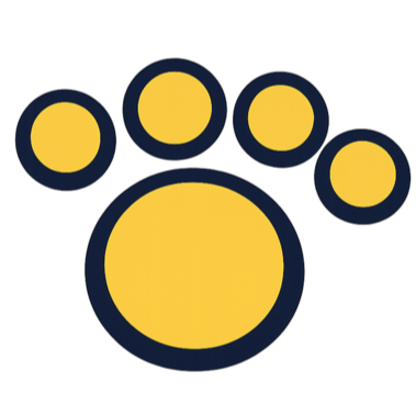 A yellow paw print with dark blue outline and four smaller yellow paw prints around the main print.