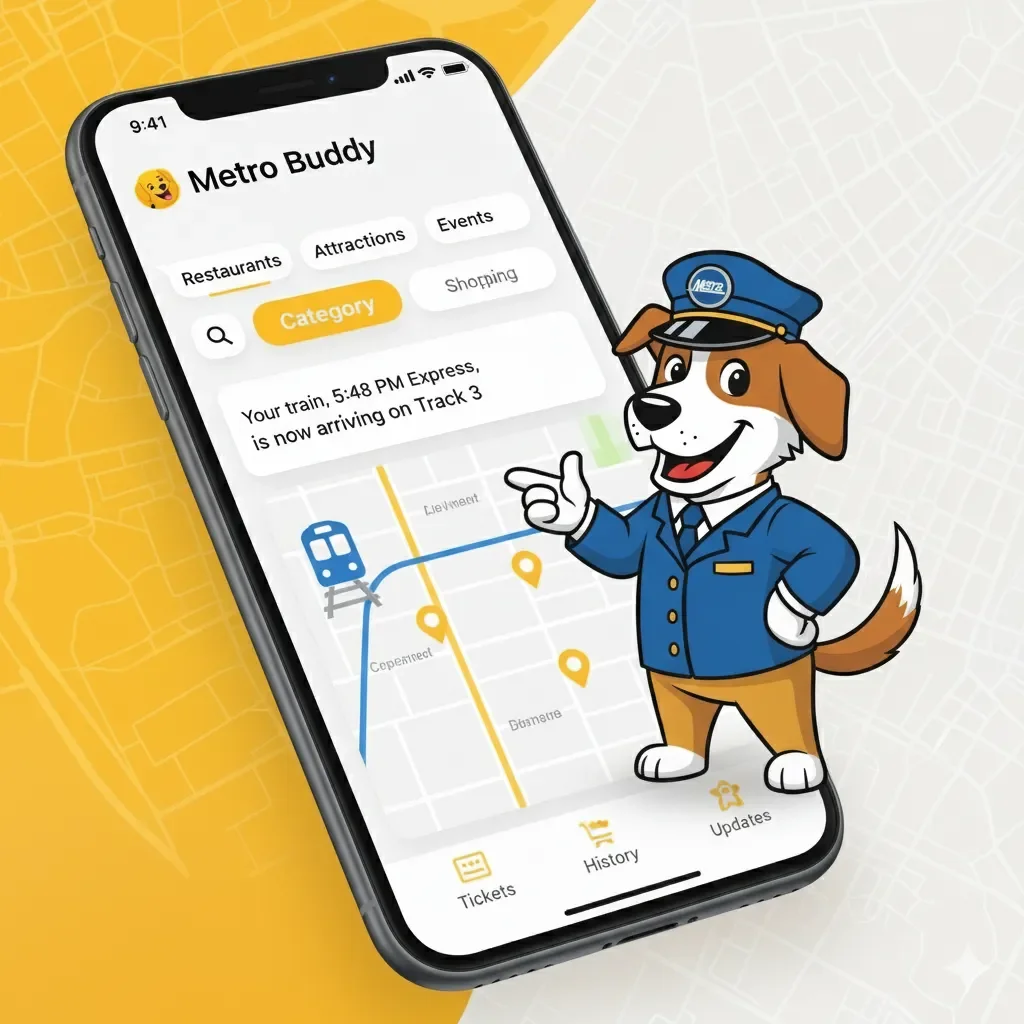 A cartoon dog dressed as a metro train conductor on a smartphone screen, showing a transit app with a map and train schedule, over a split yellow and white background.