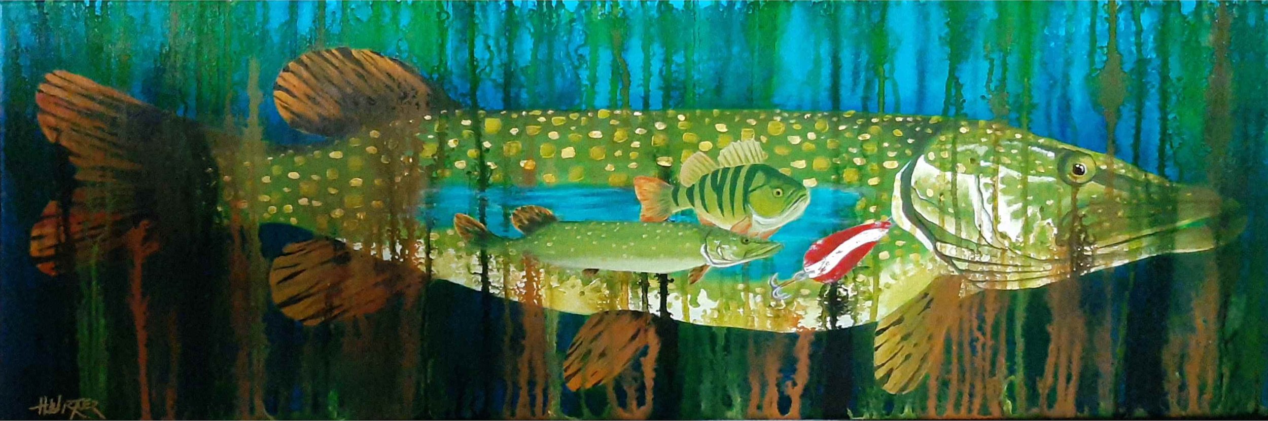 Northern pike fish artwork with perch, baitfish, and red white fishing lure in layered underwater painting by HL Wirtner