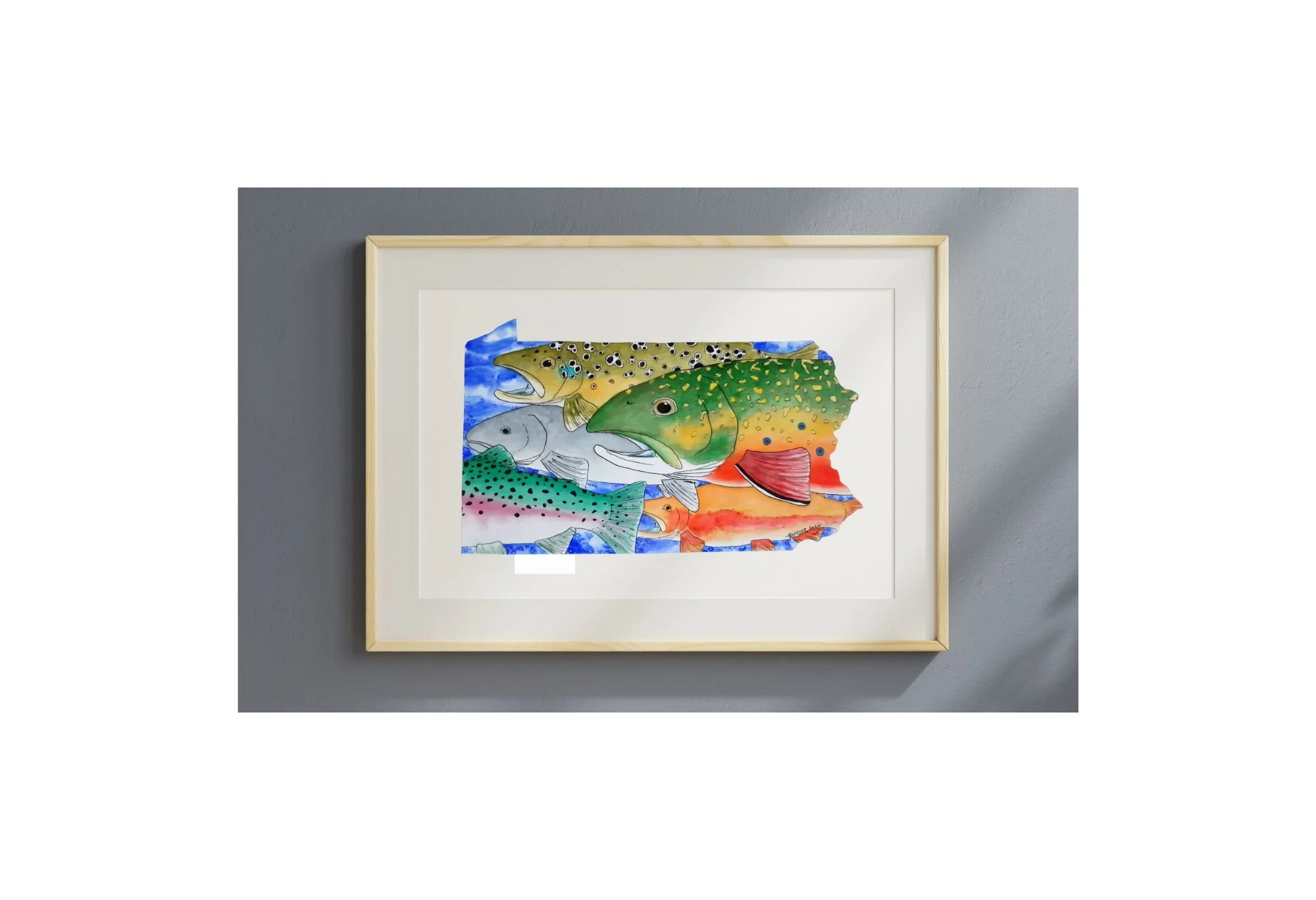 Framed “PA Trout” fine art print by HL Wirtner hanging on a wall, showing Pennsylvania filled with five trout species.