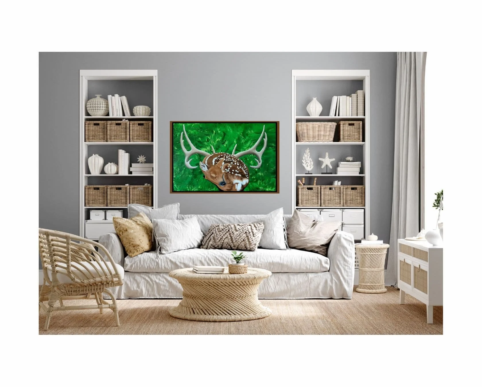 The artwork displayed in a modern living room with wicker accents highlighting the contrast between the green background and the detailed fawn.