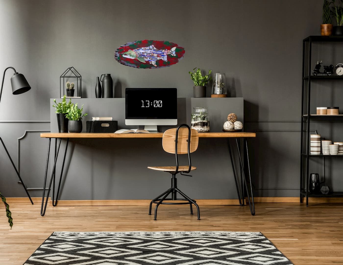 “Salmon Stream” by HL Wirtner shown in a modern home office to demonstrate scale and how the artwork appears on a wall.