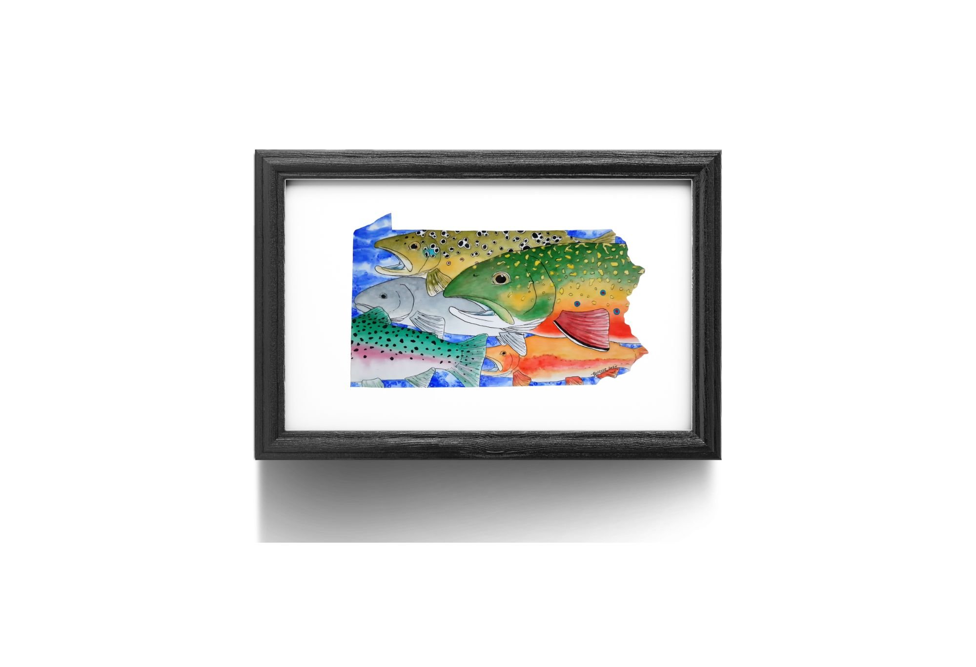 “PA Trout” fine art print by HL Wirtner shown in a black frame against a white background.