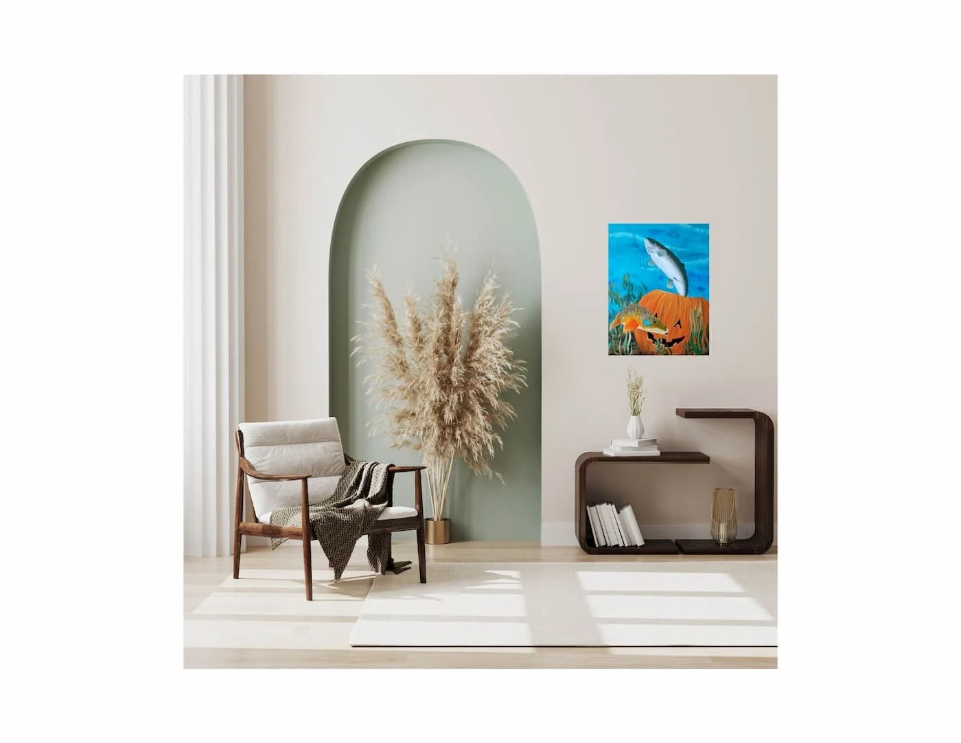 In-home mockup of “Autumn Adventures Await” by HL Wirtner showing scale and placement on a soft modern wall.