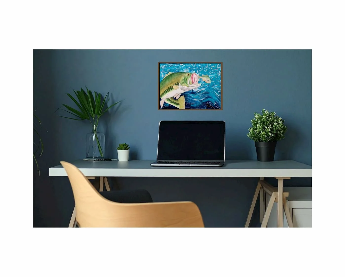 In-home mockup of “Feast of the Hog” by HL Wirtner showing scale above a workspace with a blue wall.