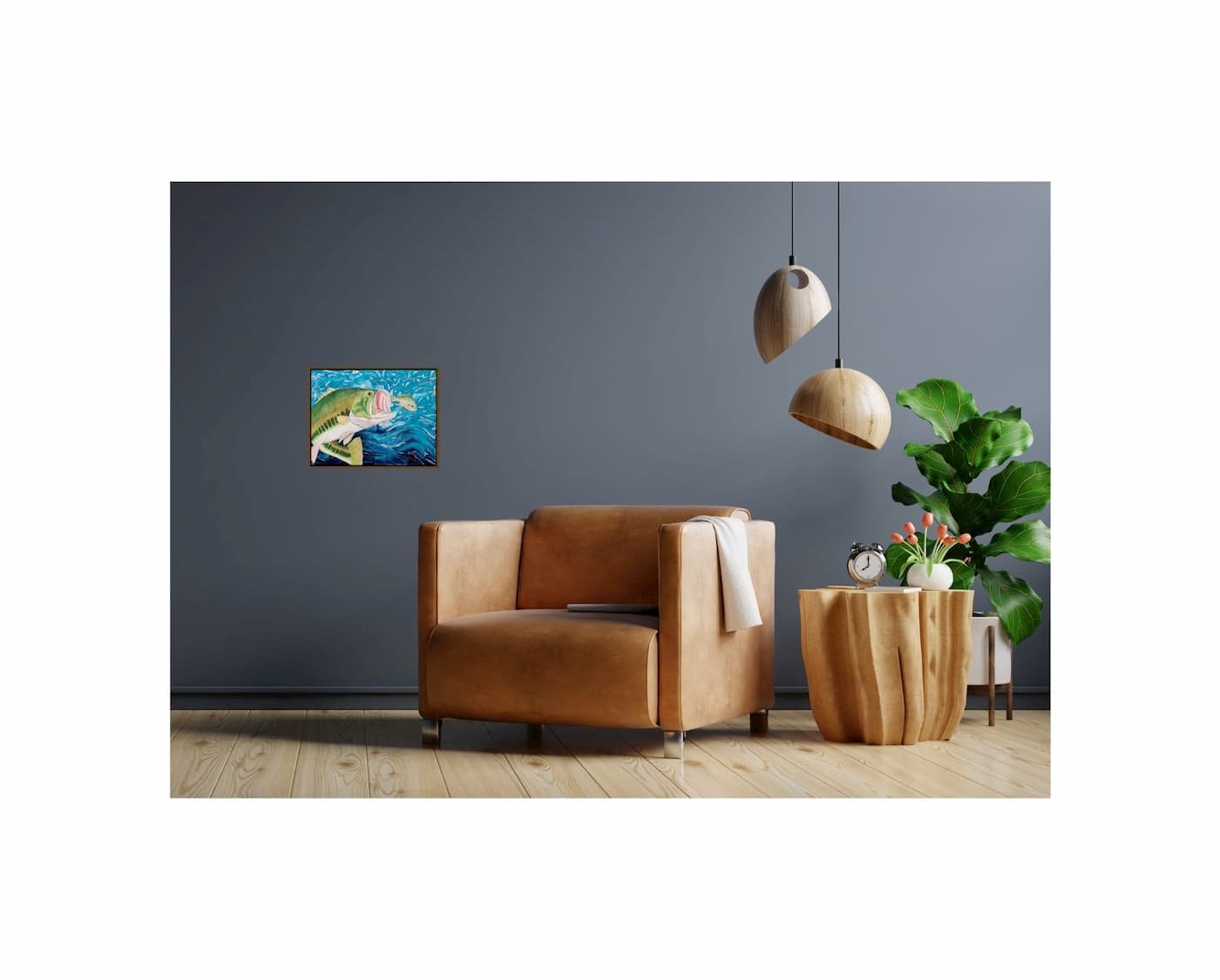 In-home mockup of “Feast of the Hog” by HL Wirtner highlighting contrast between the textured water and the framed canvas.