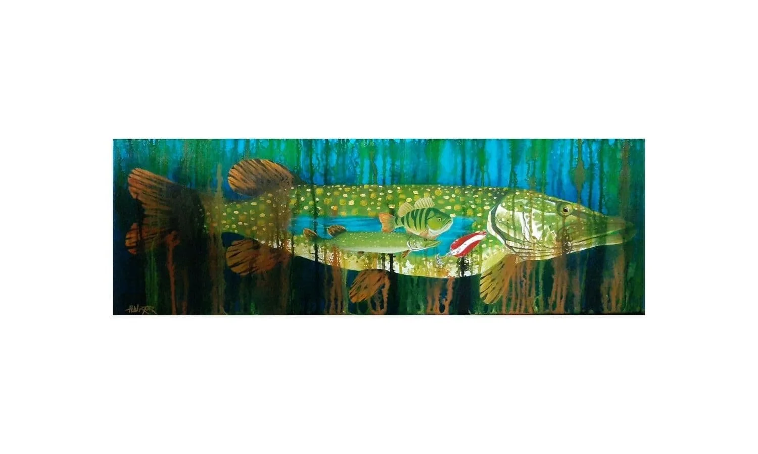 Acrylic painting of a northern pike with a baby pike, a perch, and a red and white Daredevil spoon inside its silhouette on a blue and green underwater background.