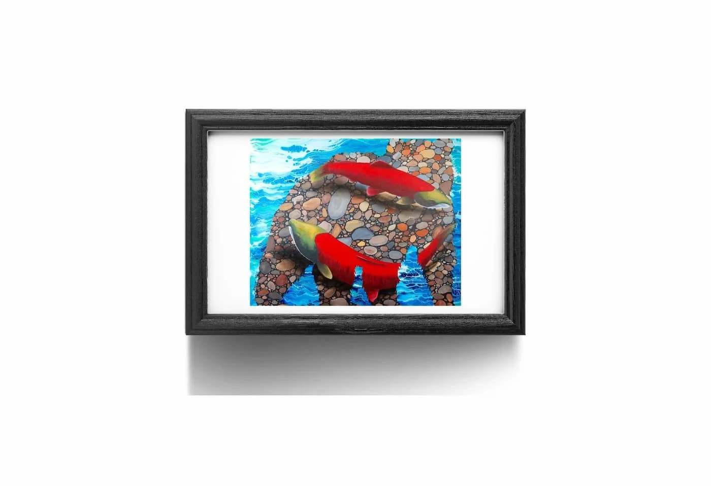 Shown framed in a black frame, of the “Circle of Life” fine art print by HL Wirtner showing the sockeye salmon movement and the subtle outline of the bear.