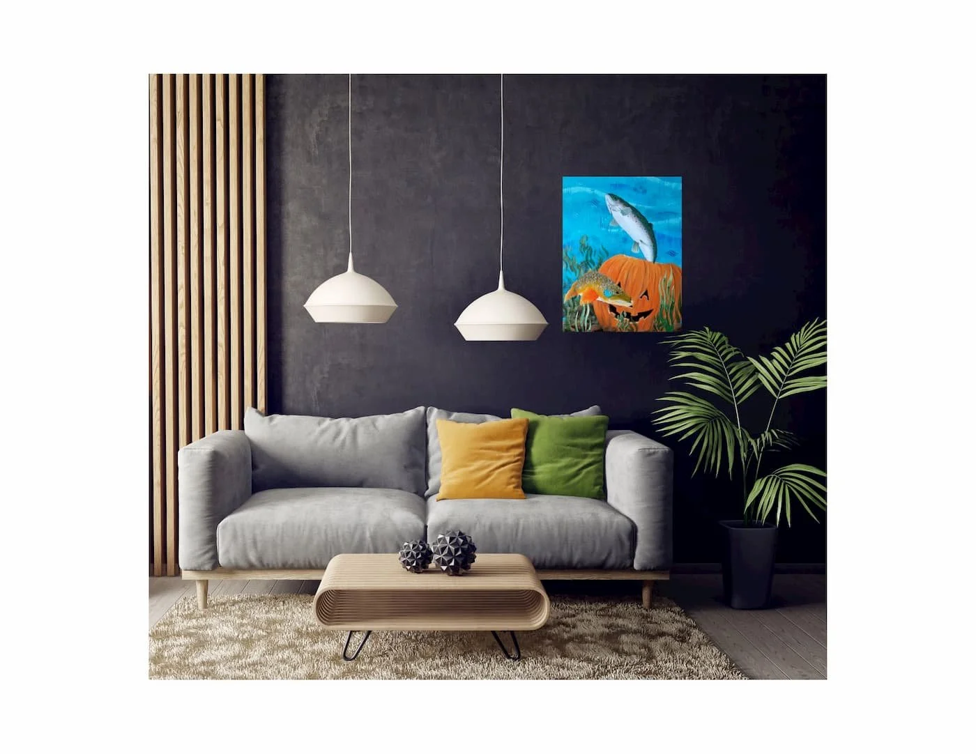 In-home mockup of “Autumn Adventures Await” by HL Wirtner showing scale and placement on a dark colored modern wall.