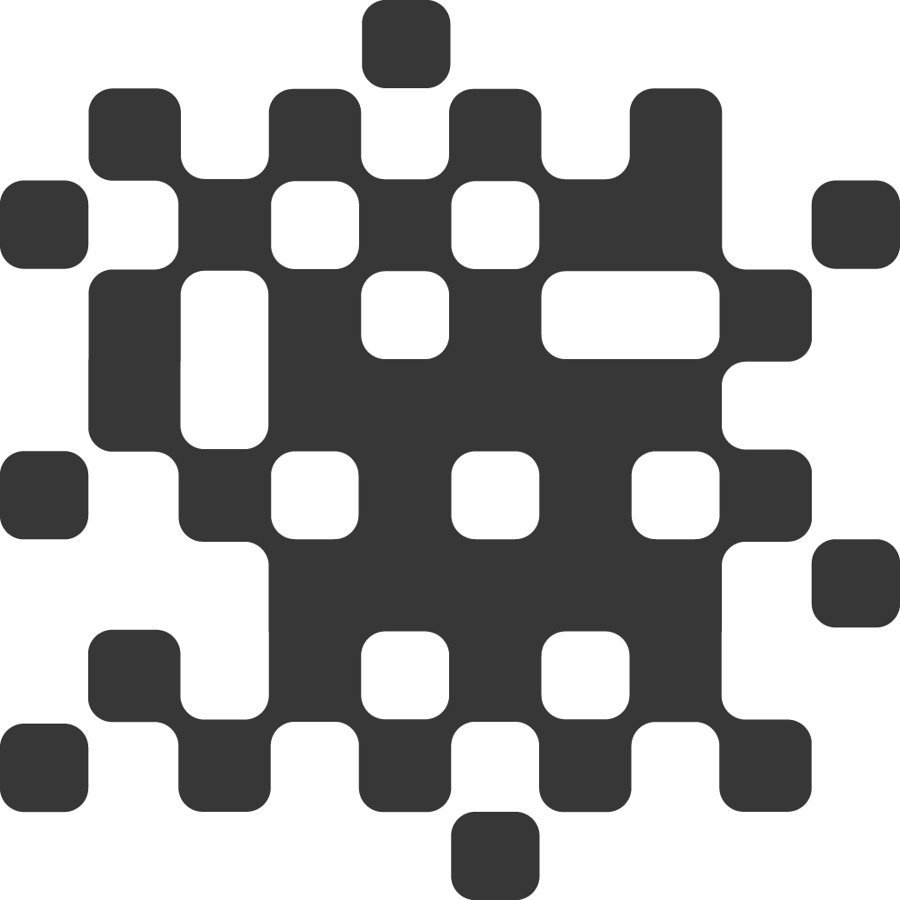 A pixelated, abstract black and gray graphic design consisting of various rounded square shapes arranged in a pattern.