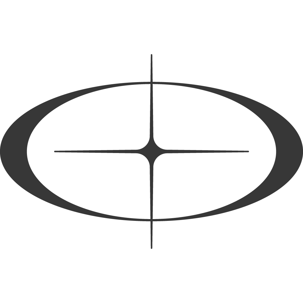 A black and gray logo with a stylized eyeshadow or eyepiece design with a central star and circular borders.