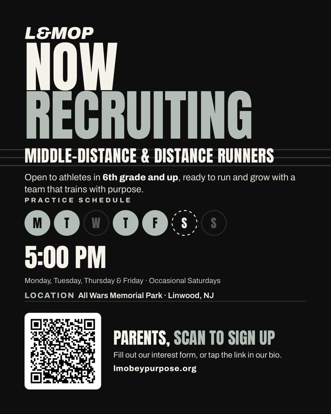 Your next chapter starts with a team that believes in you. 🏃🏾&zwj;♂️🏃🏽&zwj;♀️

L&amp;M Obey Purpose welcomes middle- and long-distance runners in 6th grade and up!

Our faith-based program helps athletes build confidence, discipline, and meaningf