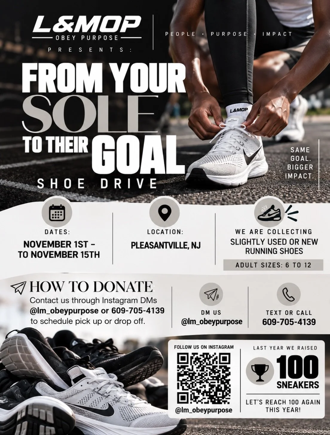 👟 FROM YOUR SOLE TO THEIR GOAL. 🙏🏾

A pair of running shoes can help a young athlete show up ready to chase a goal&mdash;and remind them that their community believes in them.

At L&amp;M Obey Purpose, our faith calls us to serve. Through coaching