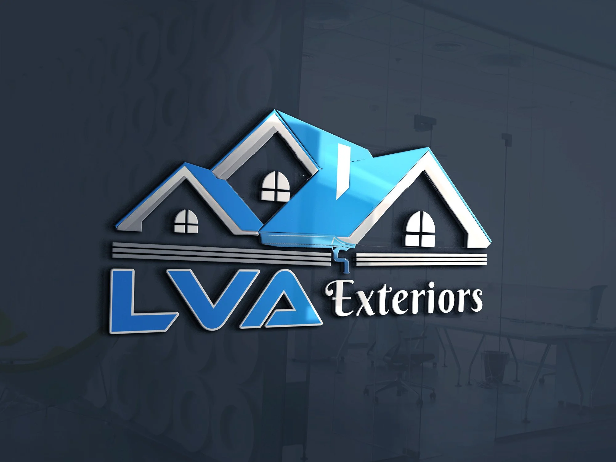 LVA Exteriors featuring stylized houses with blue and white roofs and windows, and the text "LVA Exteriors".