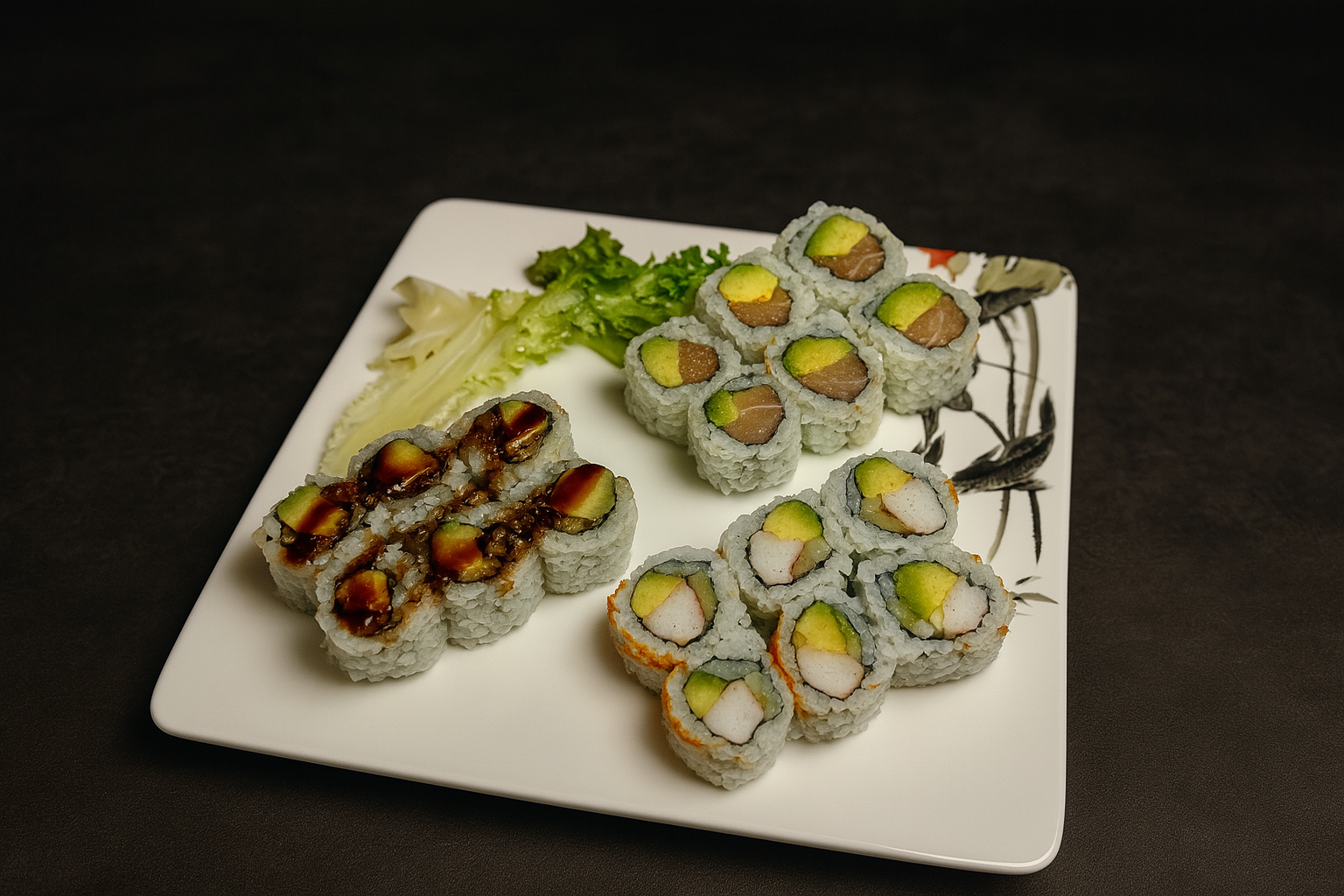 A white square plate with three types of sushi rolls, garnished with a small pile of shredded lettuce and a leaf of lettuce on a dark surface.