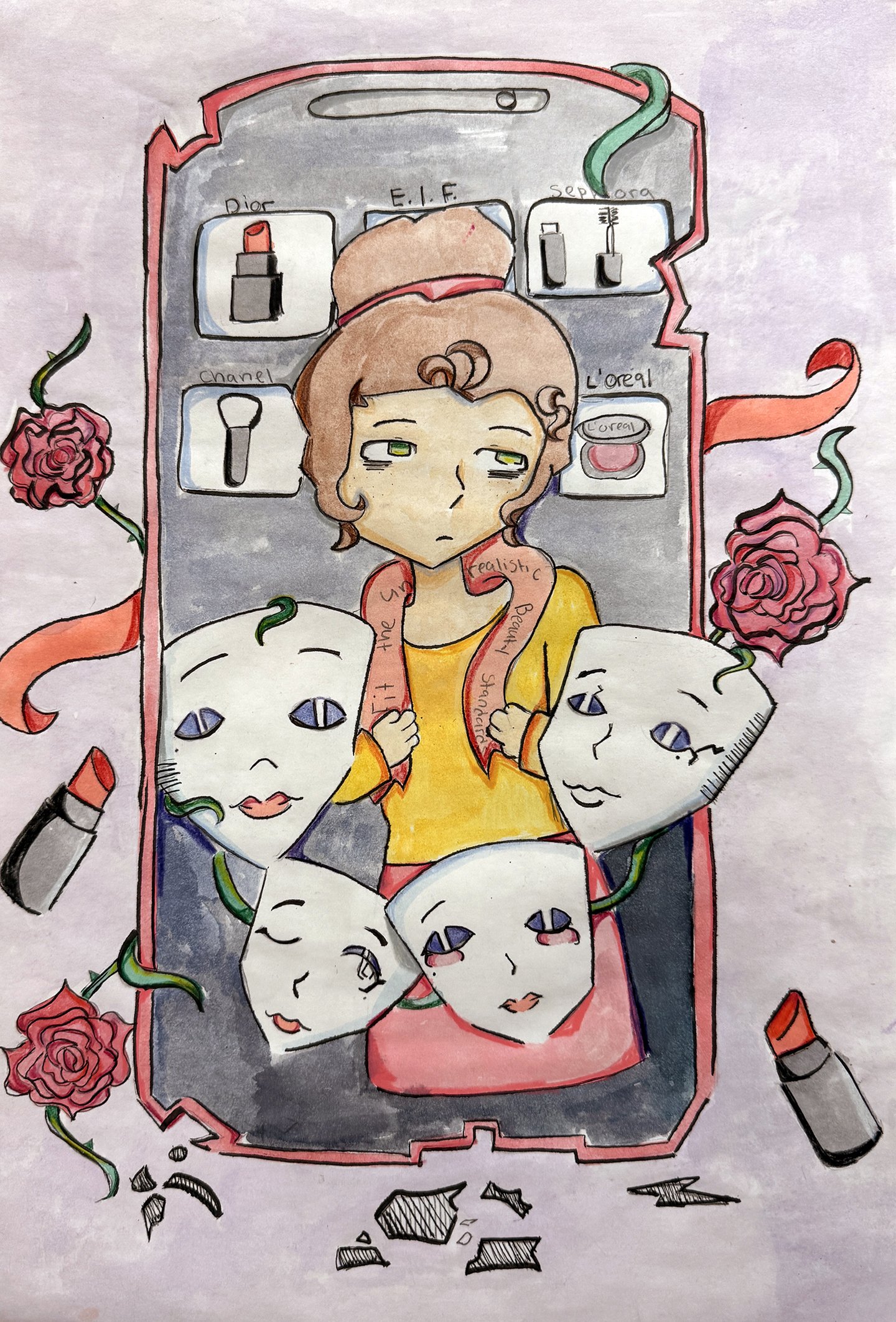 Masking the Beauty by Eileen Oxlaj Diaz,  Mixed Media, Grade 12, Springbrook High School, Teacher: Kevin Franco, Montgomery County Public Schools