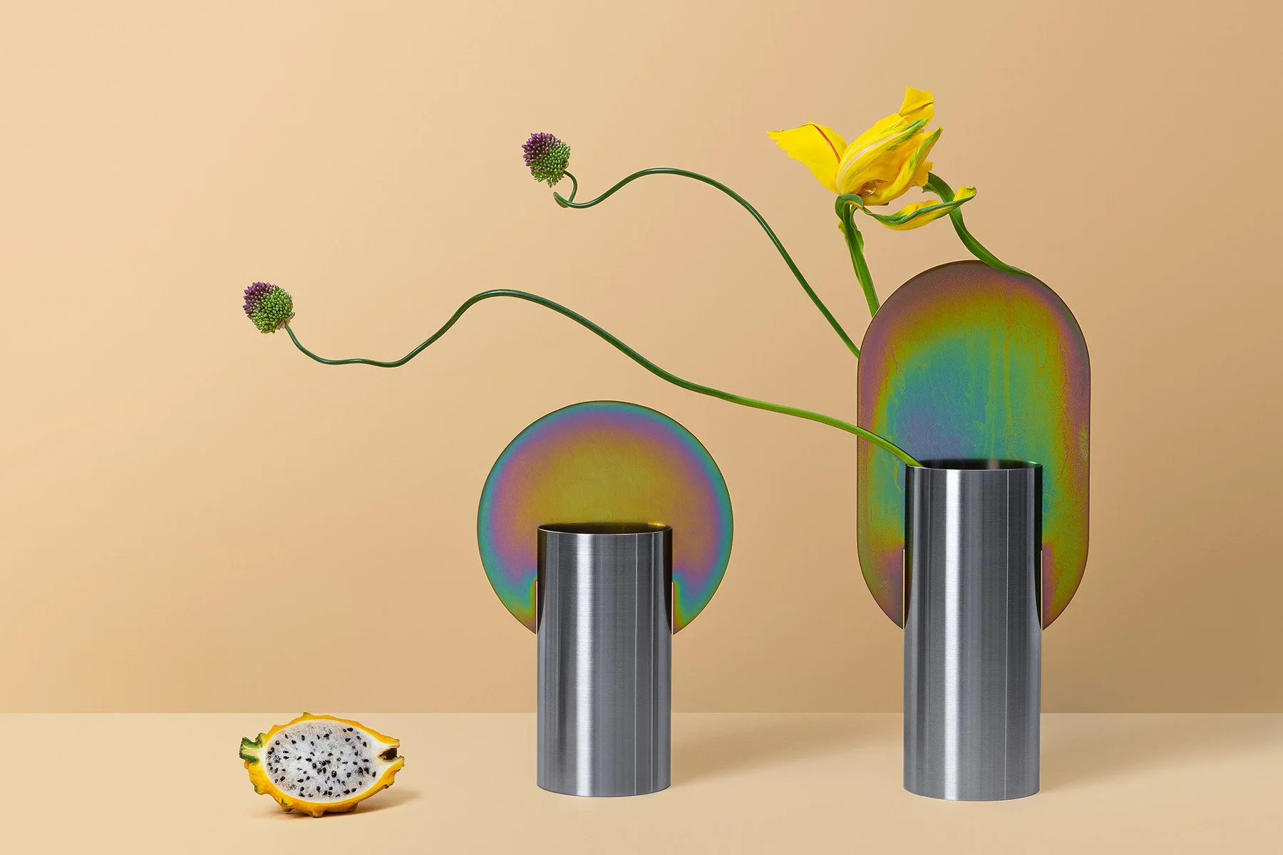 Numbered Edition Suprematic Vases in Rainbow Zinc Plating Steel