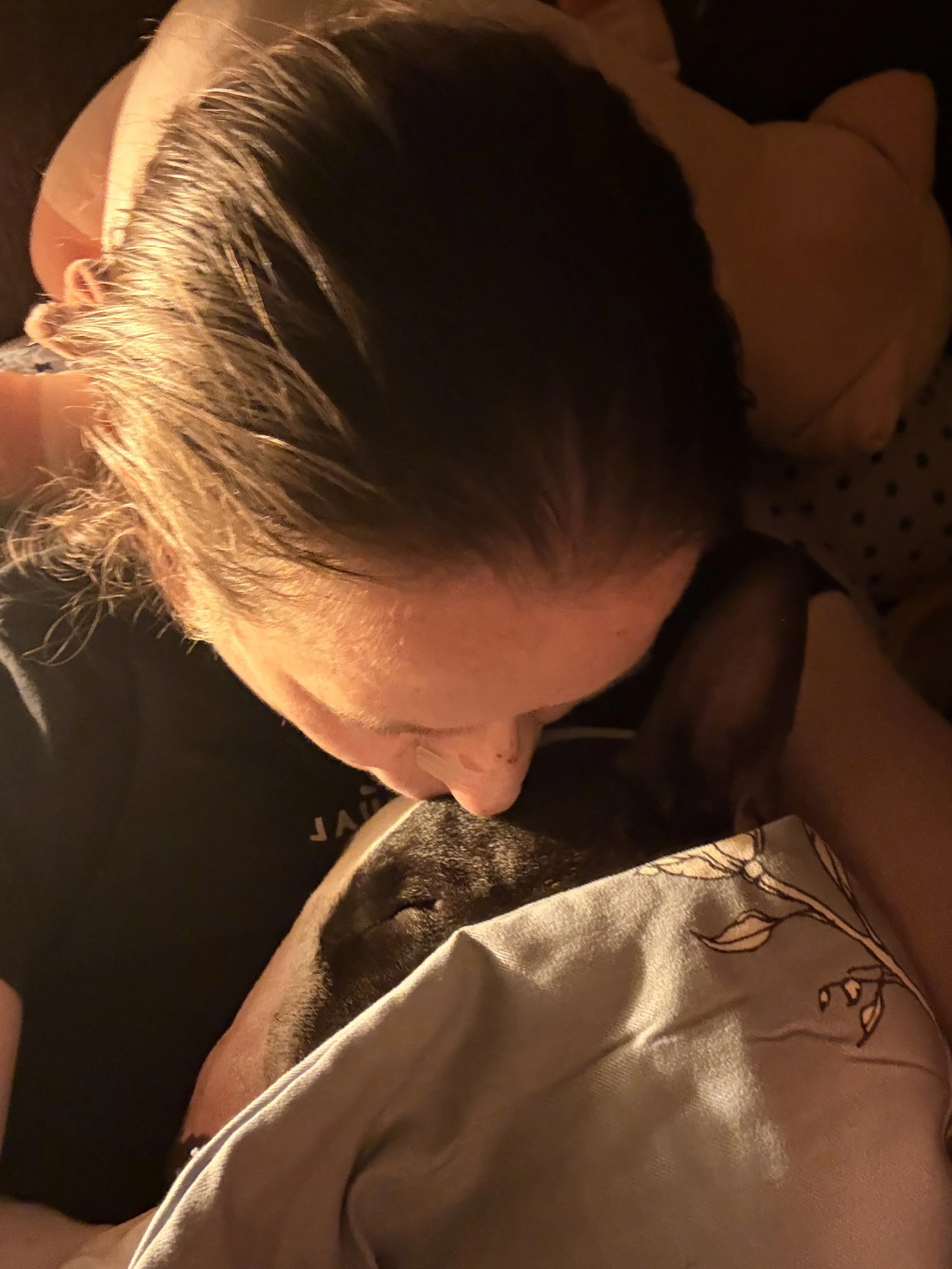 Person snuggling with a black dog as he is passing away, on a bed at night.