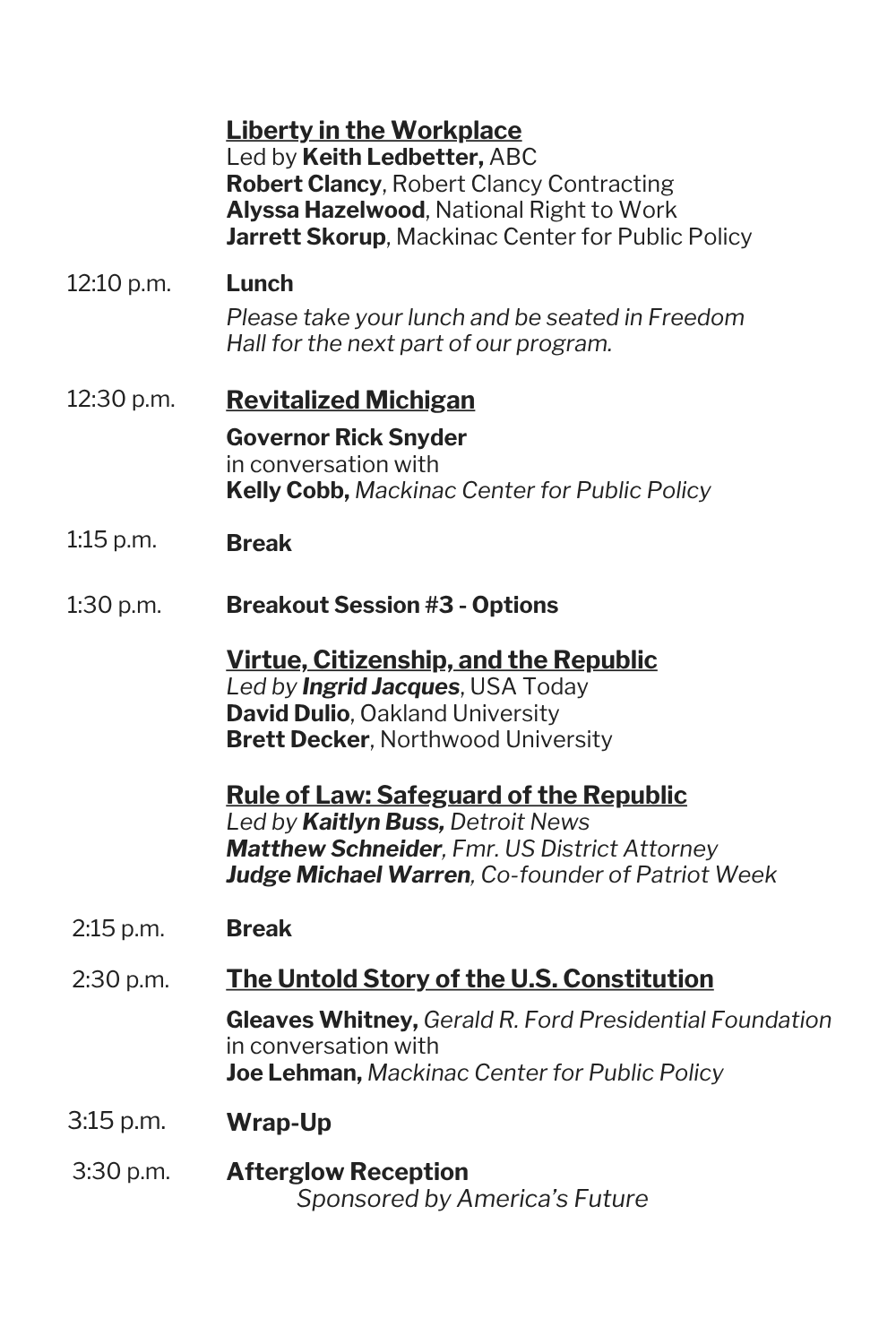 Schedule of a conference day with times, topics, and speakers listed, including sessions on Liberty in the Workplace, Revitalized Michigan, Virtue, Citizenship, and the Republic, Rule of Law, and the U.S. Constitution, ending with a wrap-up and reception.