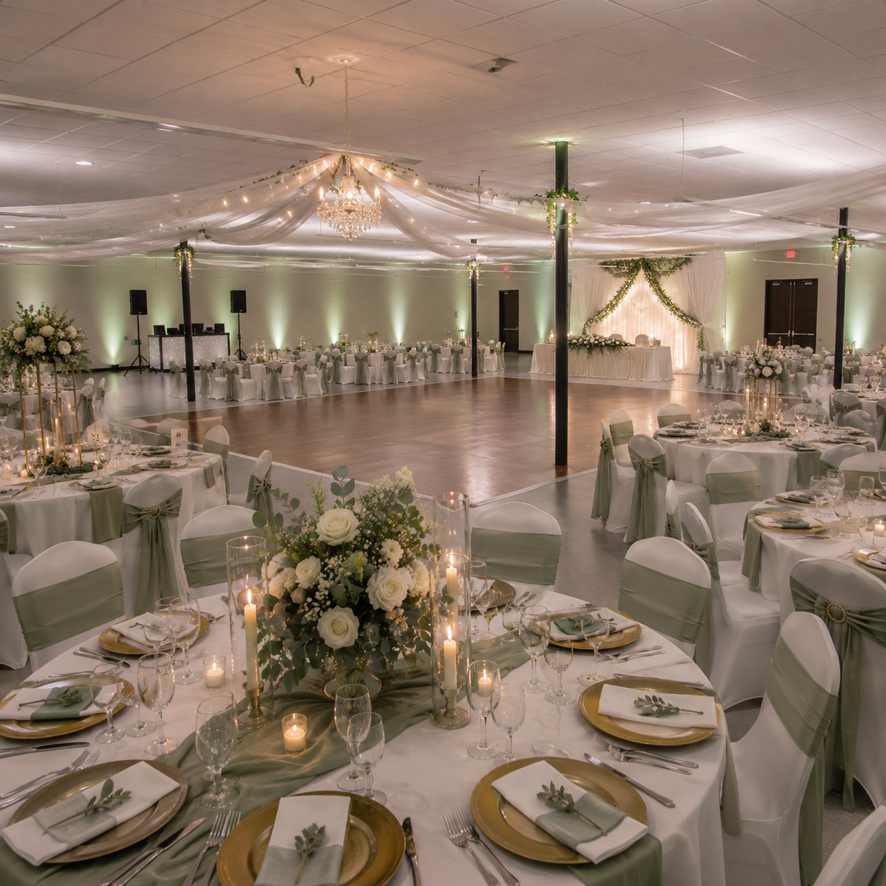 Elegant wedding reception hall decorated with white and gold accents, featuring floral centerpieces, draped fabric ceiling, and a dance floor.