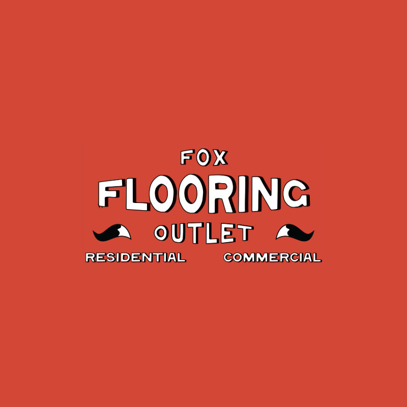 Logo for Fox Flooring Outlet with text for residential and commercial flooring on a red background.