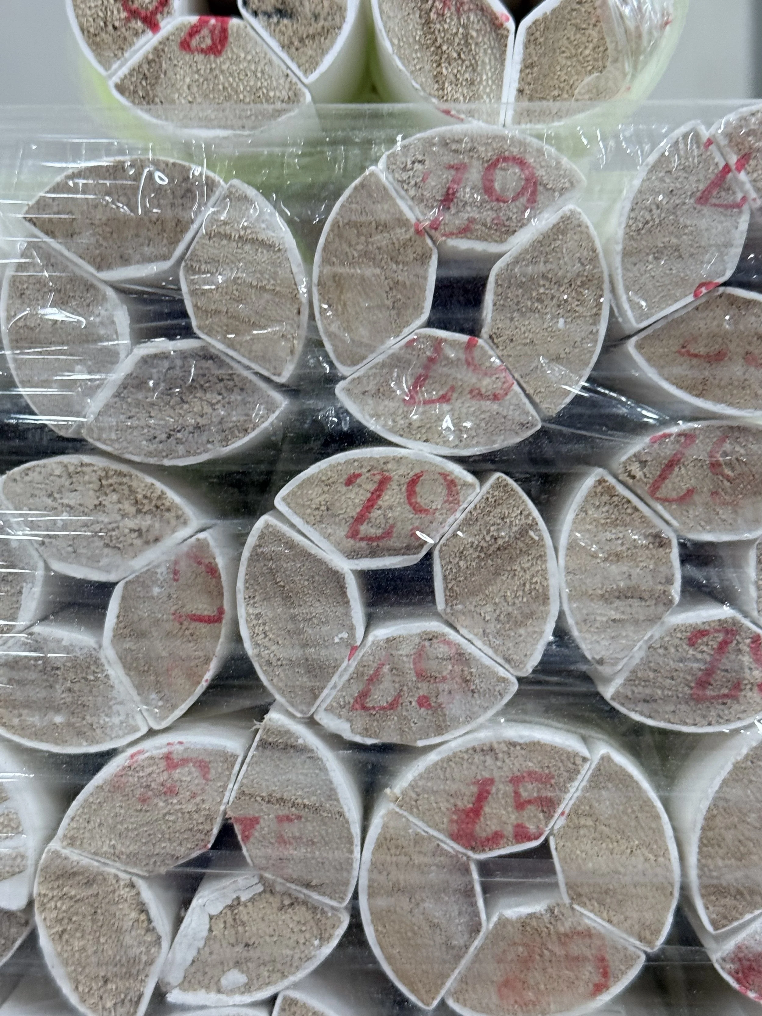 A bundle of multiple cylindrical objects wrapped in plastic, each marked with red numbers, containing a beige granular or powdery substance.