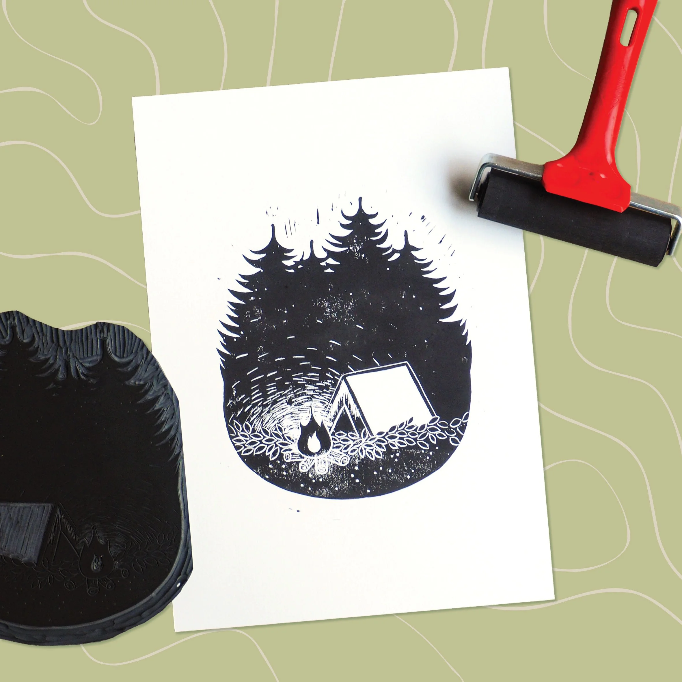 Lino Print Campfire - A4