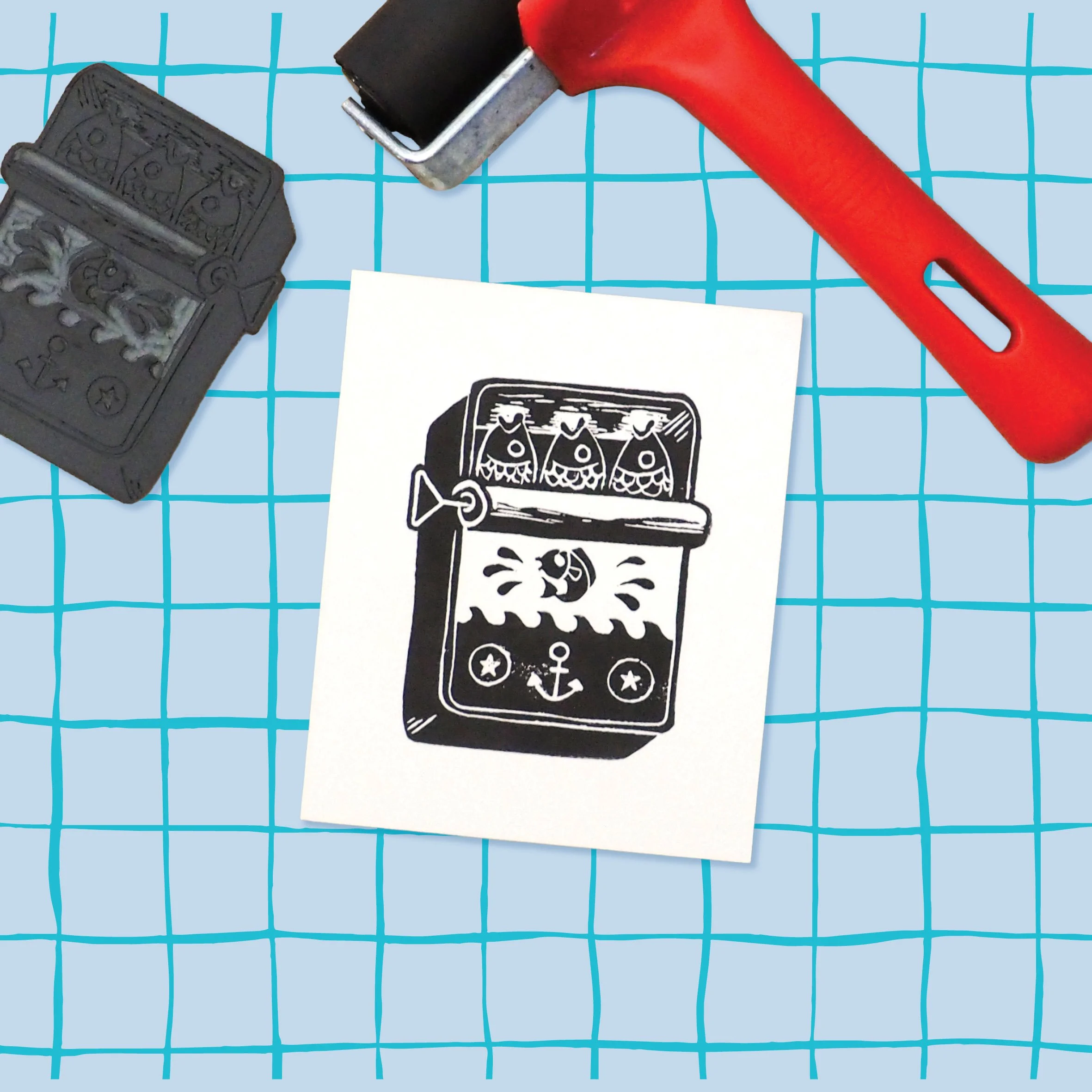Mini Lino Print Sardines - 9 x 11 cm