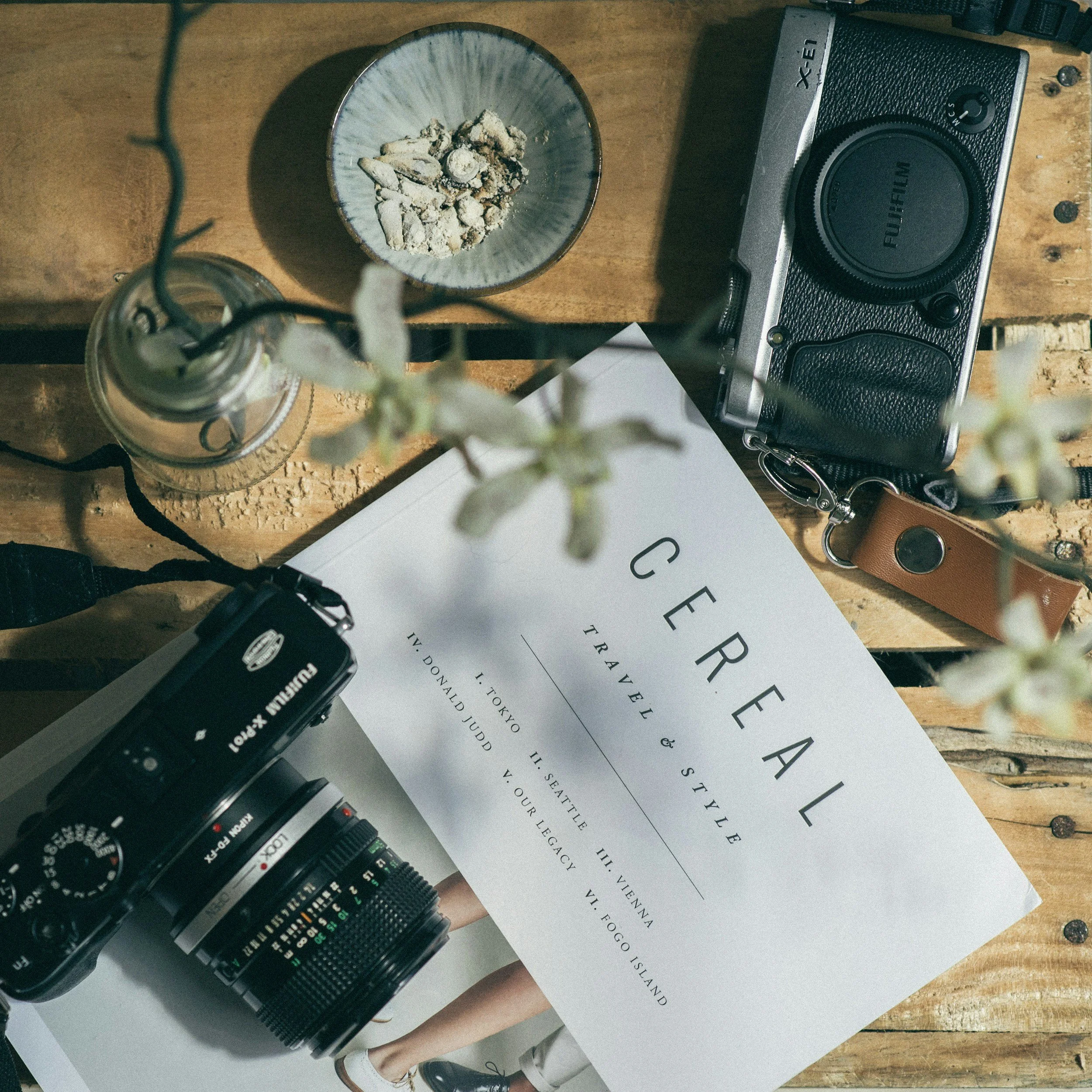 Travel-themed flat lay with a vintage camera, a travel brochure titled 'CEREAL,' a small bowl with snacks, a glass jar, and leafy plant on a wooden surface.
