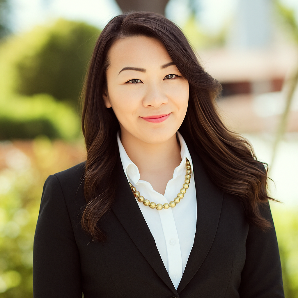 A woman with long, dark hair wearing a black blazer, white shirt, and a gold beaded necklace outdoors on a sunny day.