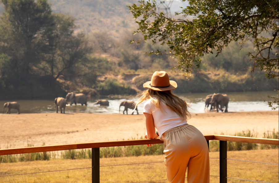 A woman wearing a beige hat and white shirt leaning on a wooden fence, observing elephants near a river in a natural landscape.