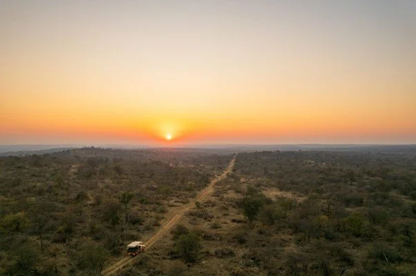 A sunset over an expansive, semi-arid landscape with sparse vegetation and a dirt road leading towards the horizon, where a vehicle is traveling.