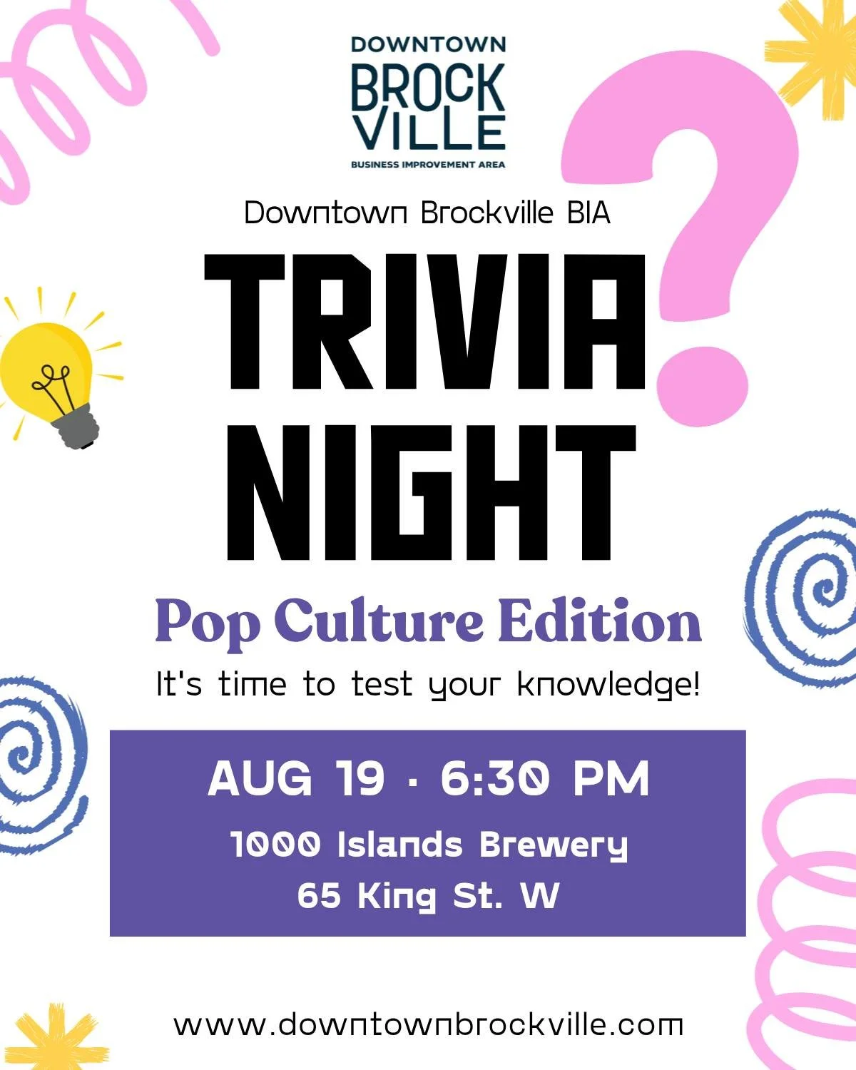 Think you know your pop culture? It is time to prove it! 🧠

Gather your dream team and join us for Pop Culture Trivia Night at the @1000islandsbrewing on Wednesday, August 19th, 6:30pm-8:30pm! For just $10 per person, you will enjoy an evening packe