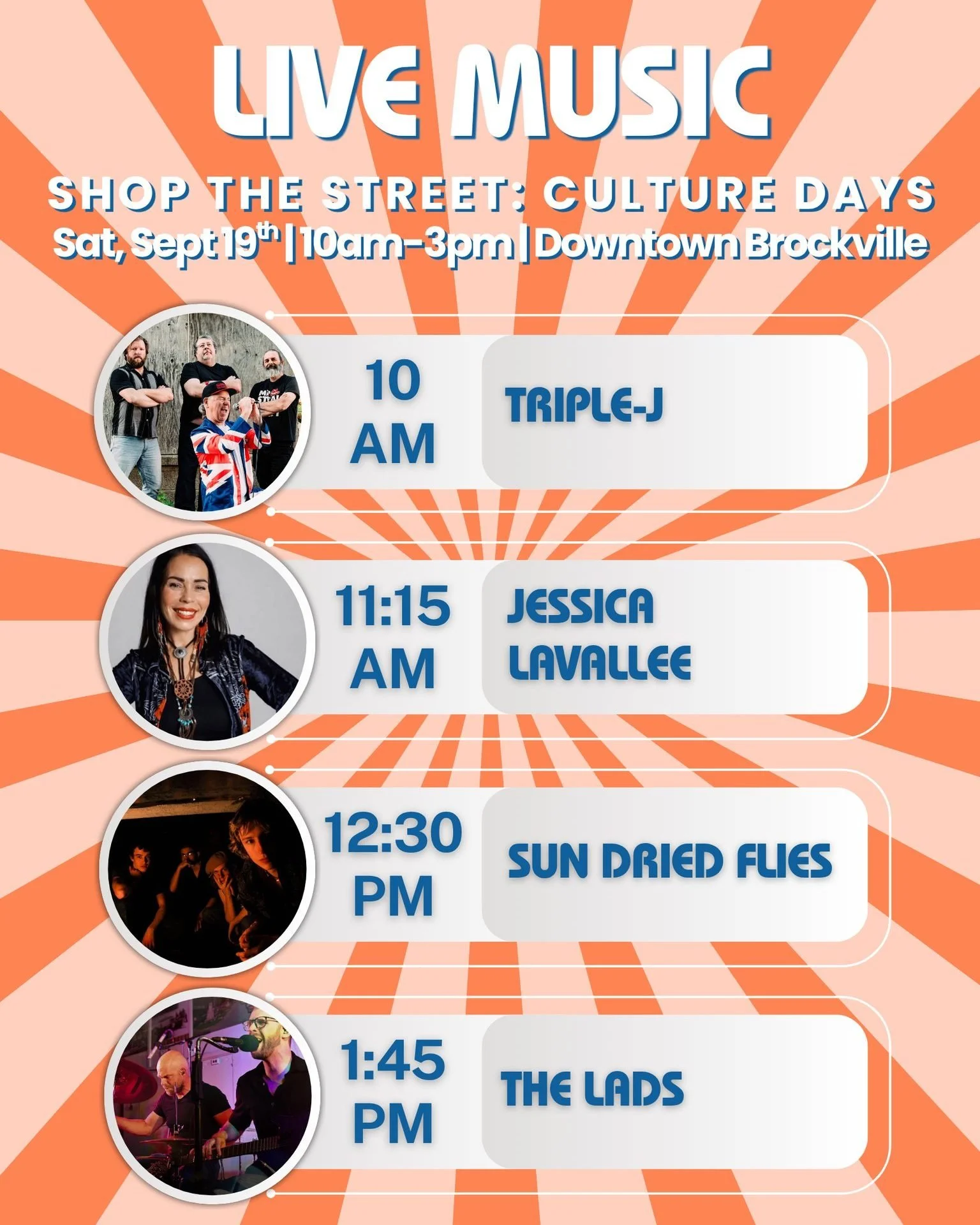LIVE MUSIC AT SHOP THE STREET 🎶

There will be music all along King Street this Saturday for Shop the Street: Culture Days!

Live music is presented by the Downtown Brockville BIA and Aaron&rsquo;s MILL, with our main stage located at 133 King St. W