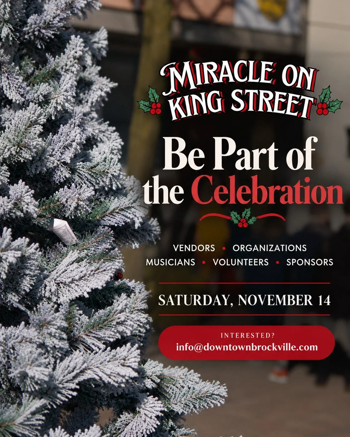 Want to be part of Miracle on King Street? 🎄

We're still accepting vendors, local organizations, musicians, volunteers, and sponsors for this year's event, happening Saturday, November 14!

There are several ways to participate:
- Vendors: Showcase