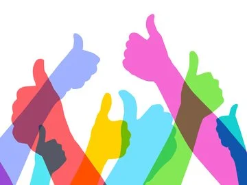 Multiple colored hands giving thumbs up signs, overlapping each other.