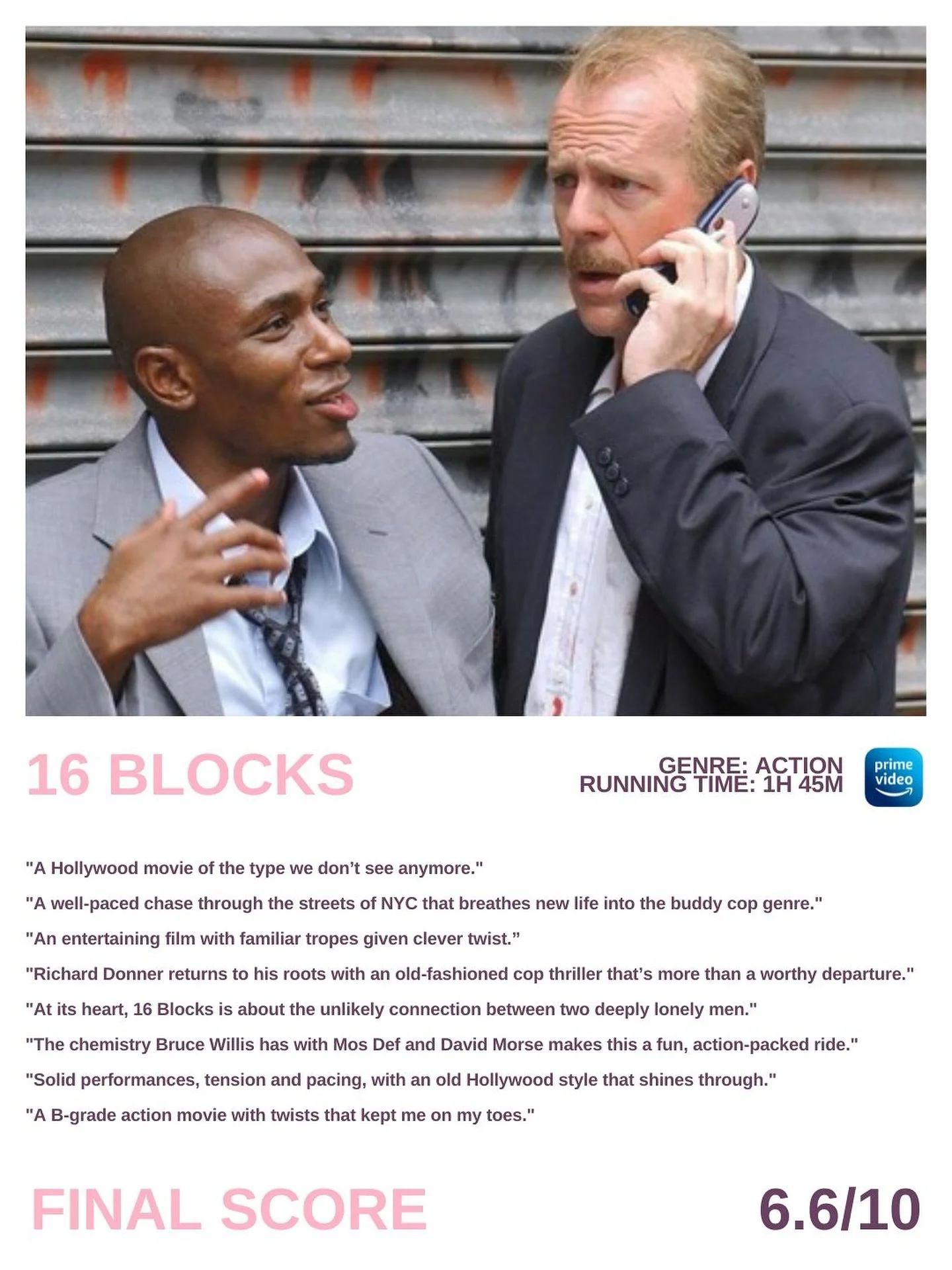 🍿 Popcorn Society 🍿

The movie group has spoken 🙌🏻 and here&rsquo;s what we think of &ldquo;16 Blocks&rdquo; ✨

We continued our Instagram group chat all about movies 🎥 we watch one movie every week and share our reviews!

6.6/10 is the average 