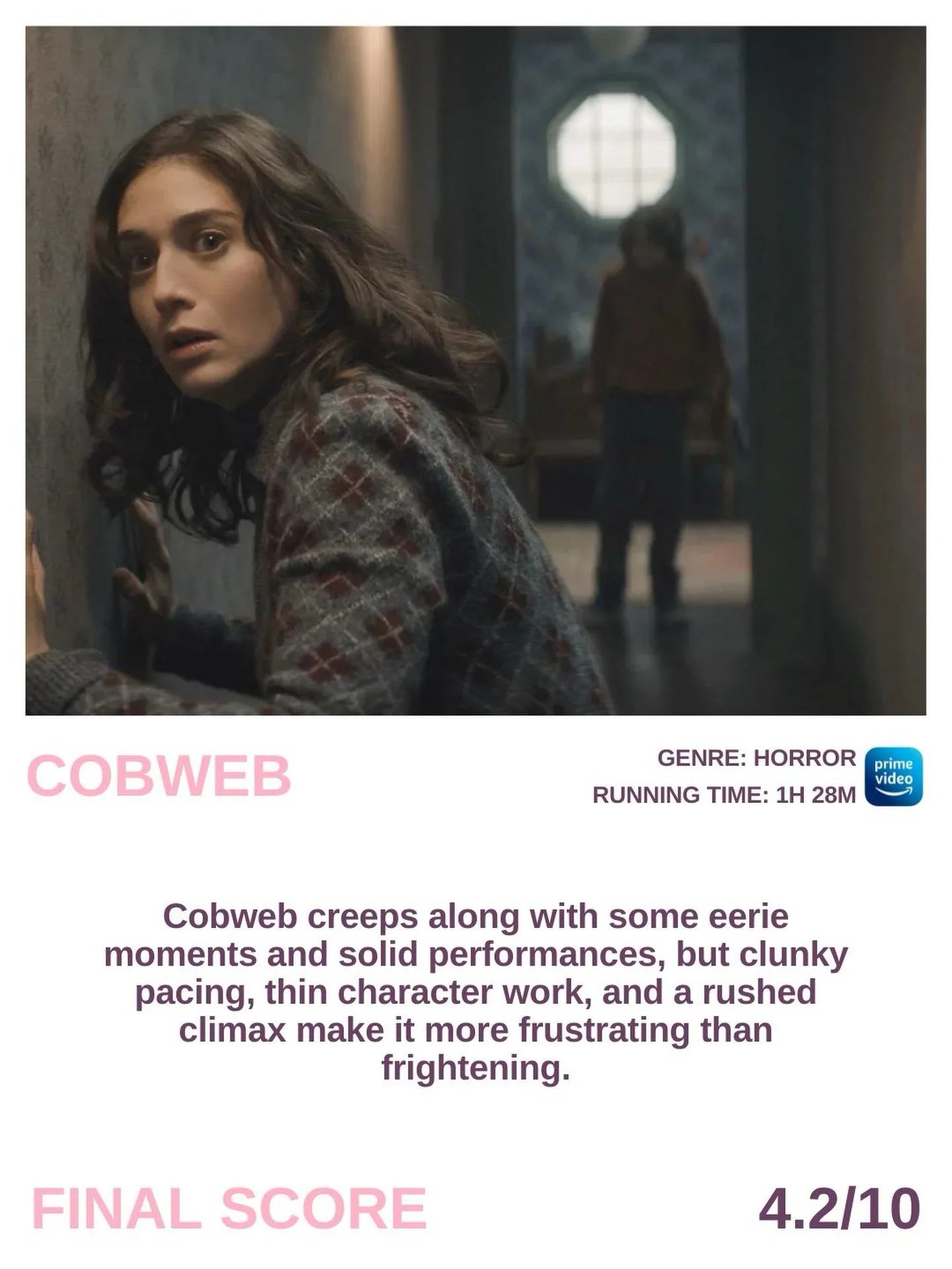 🍿 Popcorn Society 🍿

The movie group has spoken 🙌🏻 and this is what we think of &ldquo;Cobweb&rdquo; ✨

Average rating: 4.2/10 ✨

A slow-burn horror that hints at something more but never fully delivers on its promise 🎥

Thank you for the pick @