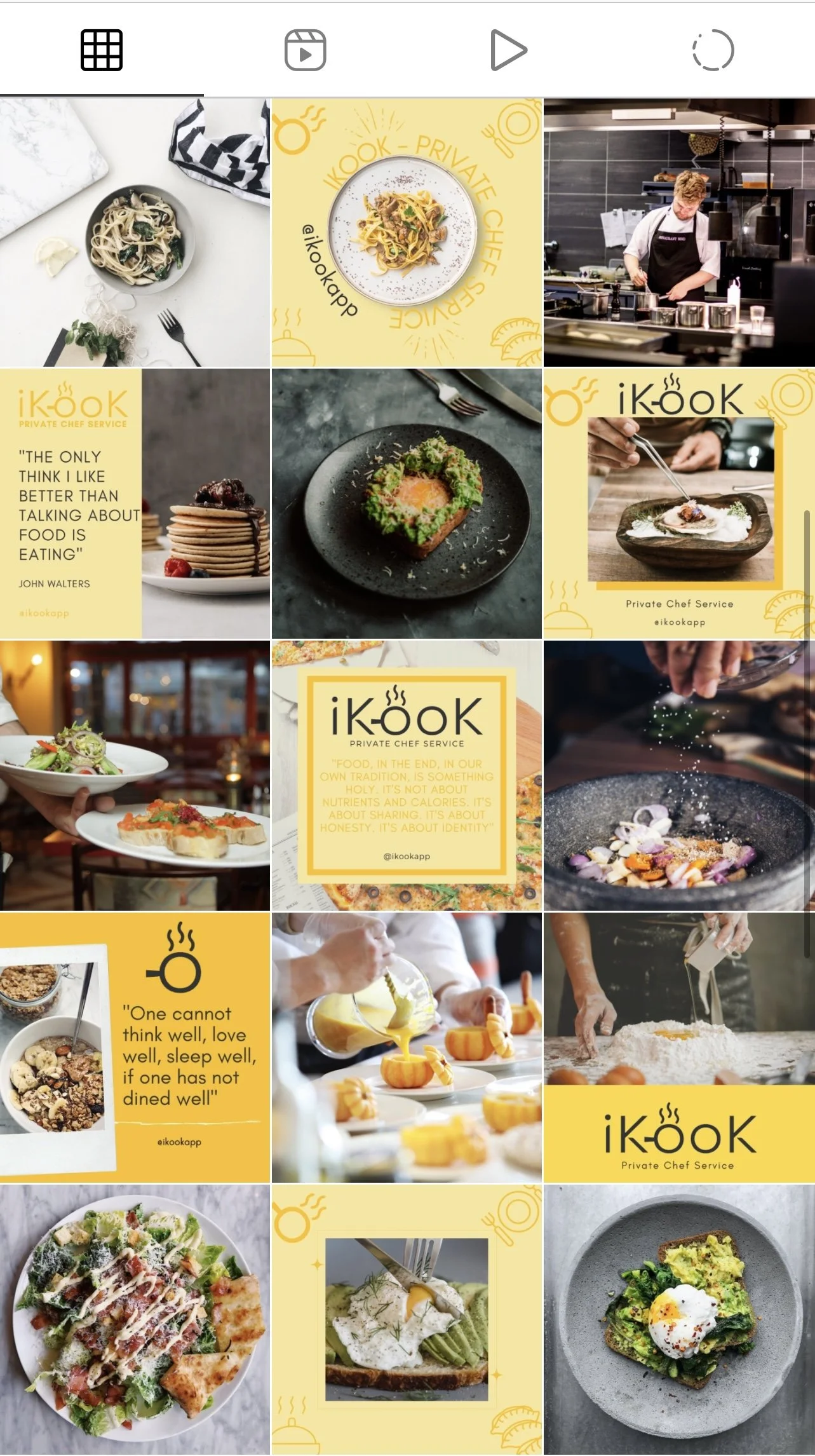 Collage of images related to private chef services, including dishes such as pasta, pancakes, salad, and gourmet plating, with quotes about food and a chef preparing food in a professional kitchen.