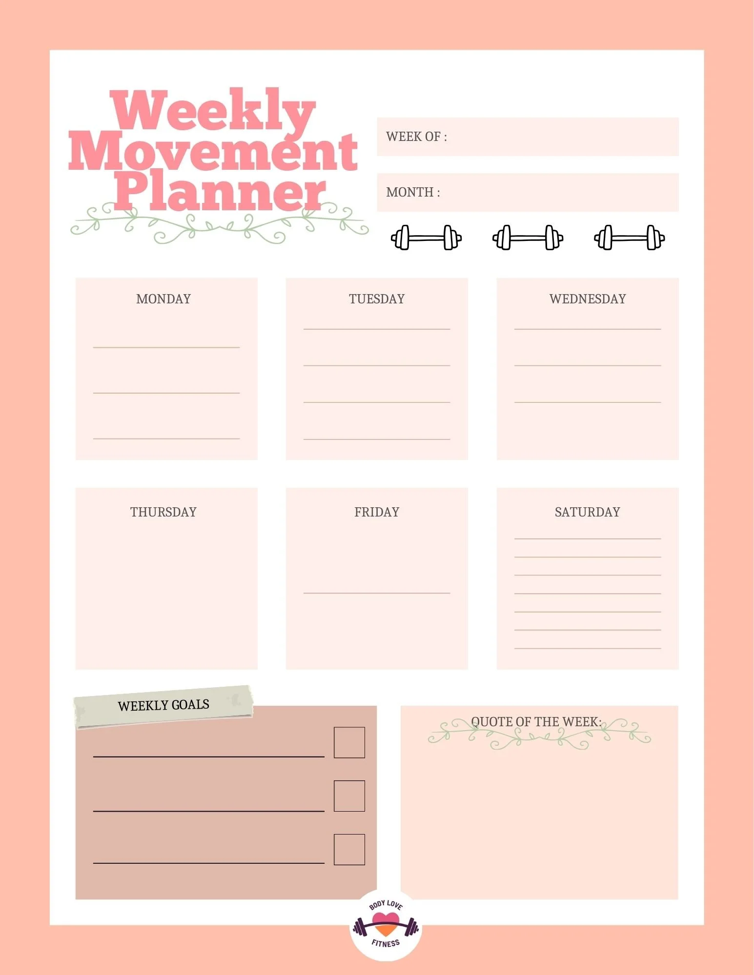 Weekly Fillable Workout Planner
