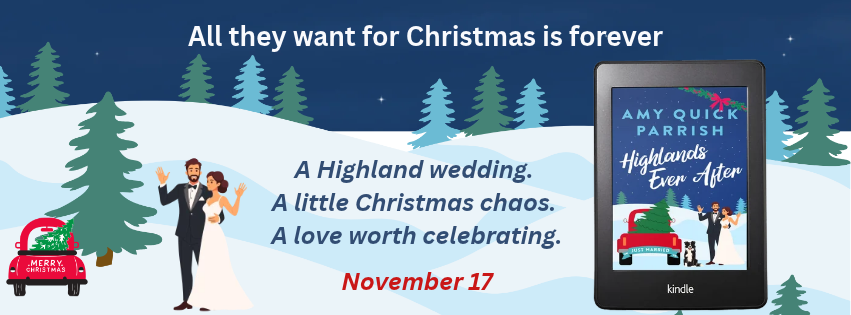 Snowy pine trees and a wedding couple